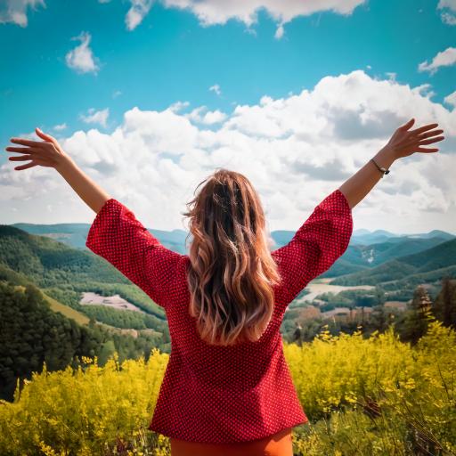 Firefly joyful, happy woman from behind, wide arms, graitude in a beautiful place 99005